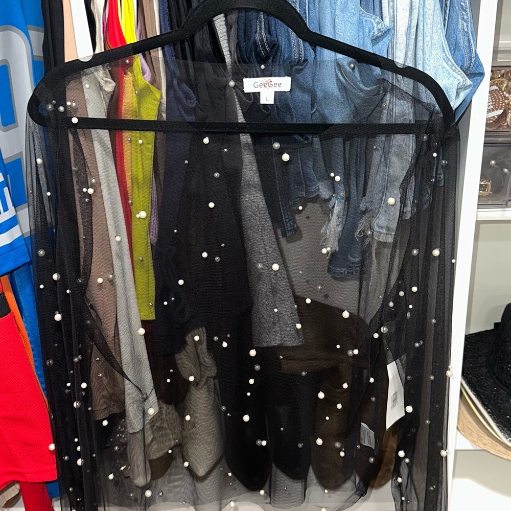 GeGee Black Sheer Pearl-Embellished Top